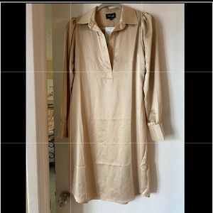 Women’s gold satin knee length dress with sleeves